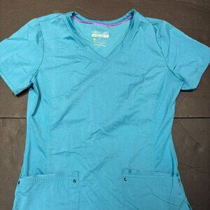 Healing Hands- Purple Label Yoga- Scrub Top – Size S, Turquoise/Blue, Stretch